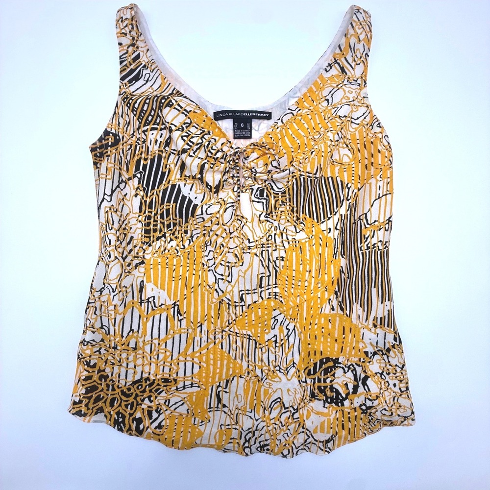 Linda Allard Ellen Tracy Yellow Black Silk Tank Top‎ Blouse Size 6 Luxury